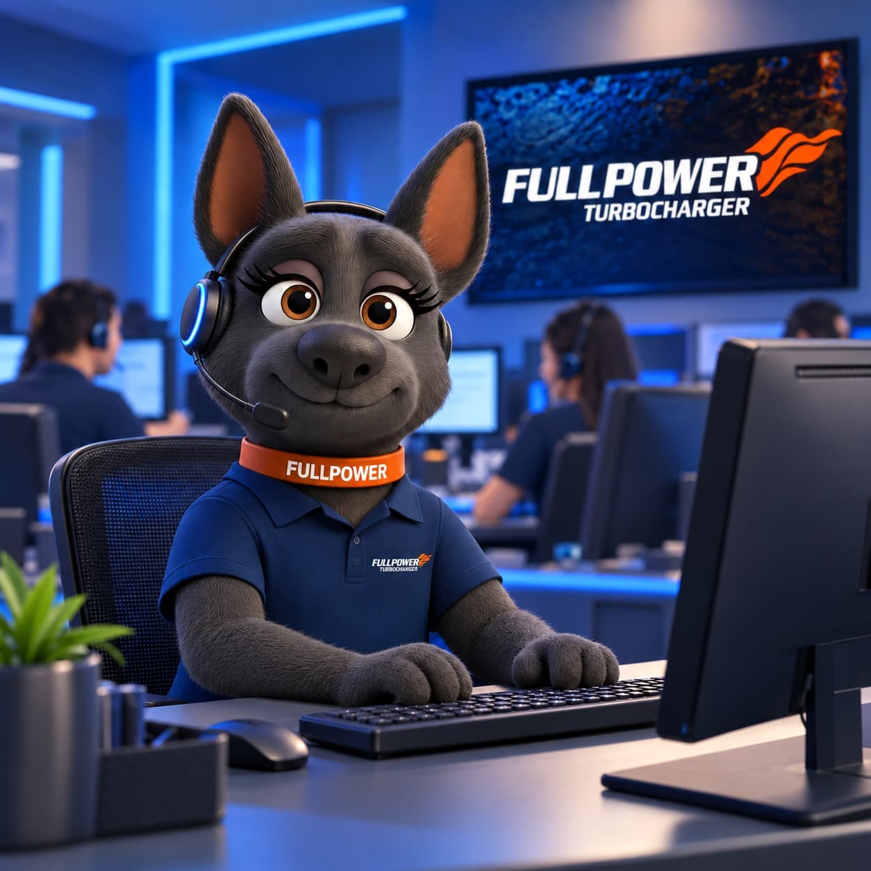 Mascote FullPower Turbo no atendimento, pronta para ajudar