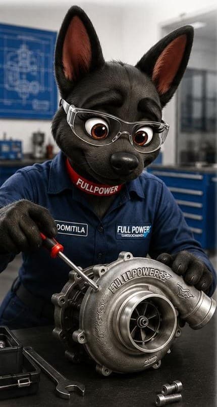 Domitila, mascote da FullPower, montando um turbocompressor na oficina